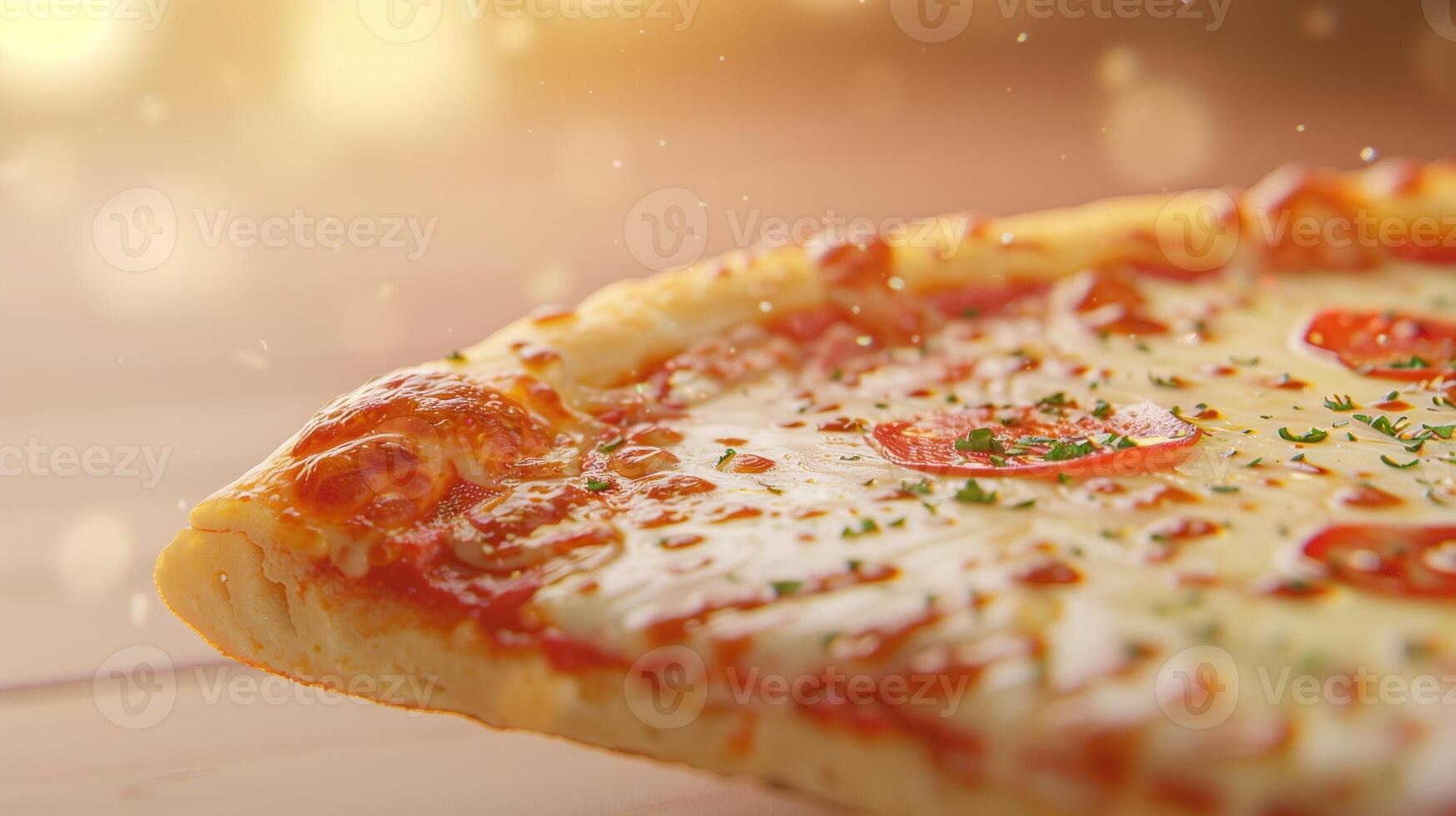 Close-Up Of Cheesy Pepperoni Pizza Slice With Herbs On Wooden Table, Warm Lighting, Shallow Depth Of Field, Delicious Slice Ready To Eat photo