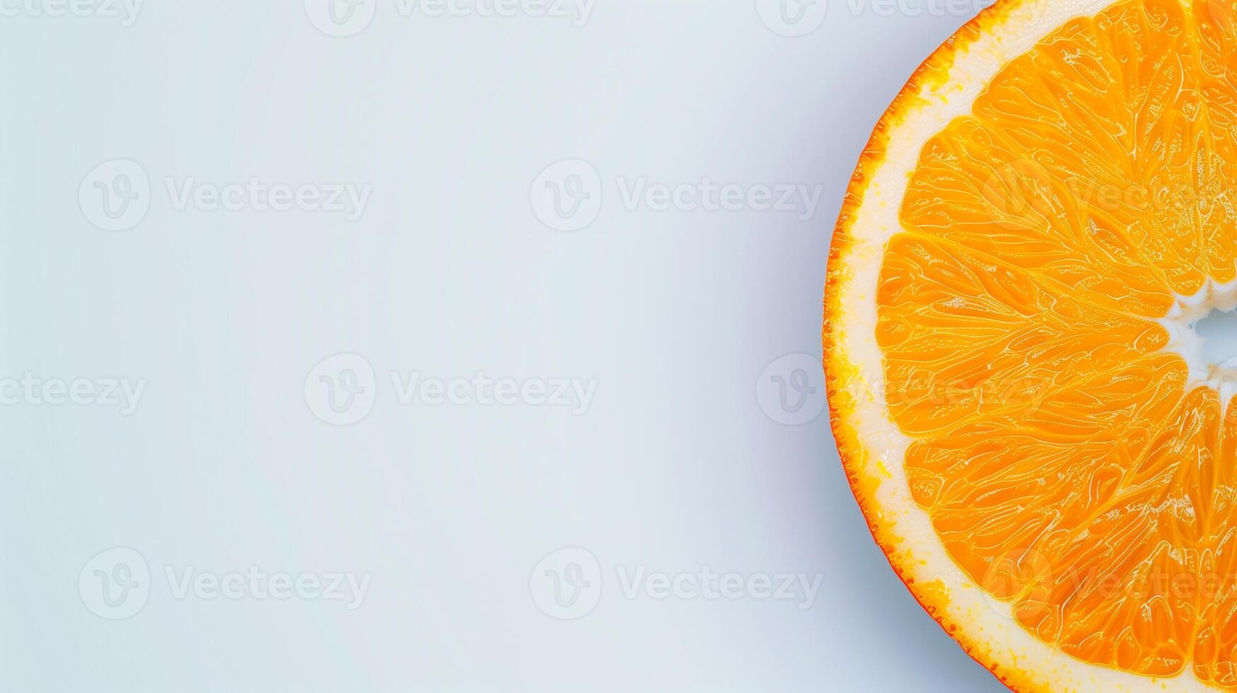 Fresh Orange Slice with Juice Droplets and Vibrant Colors Against a Minimalistic White Background for Healthy Living and Food Photography photo