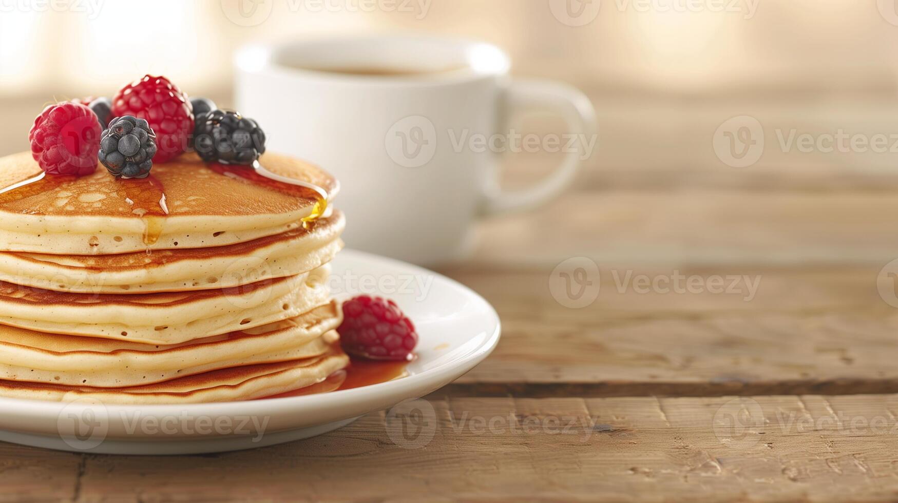 Stack of Pancakes With Fresh Berries and Maple Syrup on Wooden Table, Perfect Breakfast Scene photo