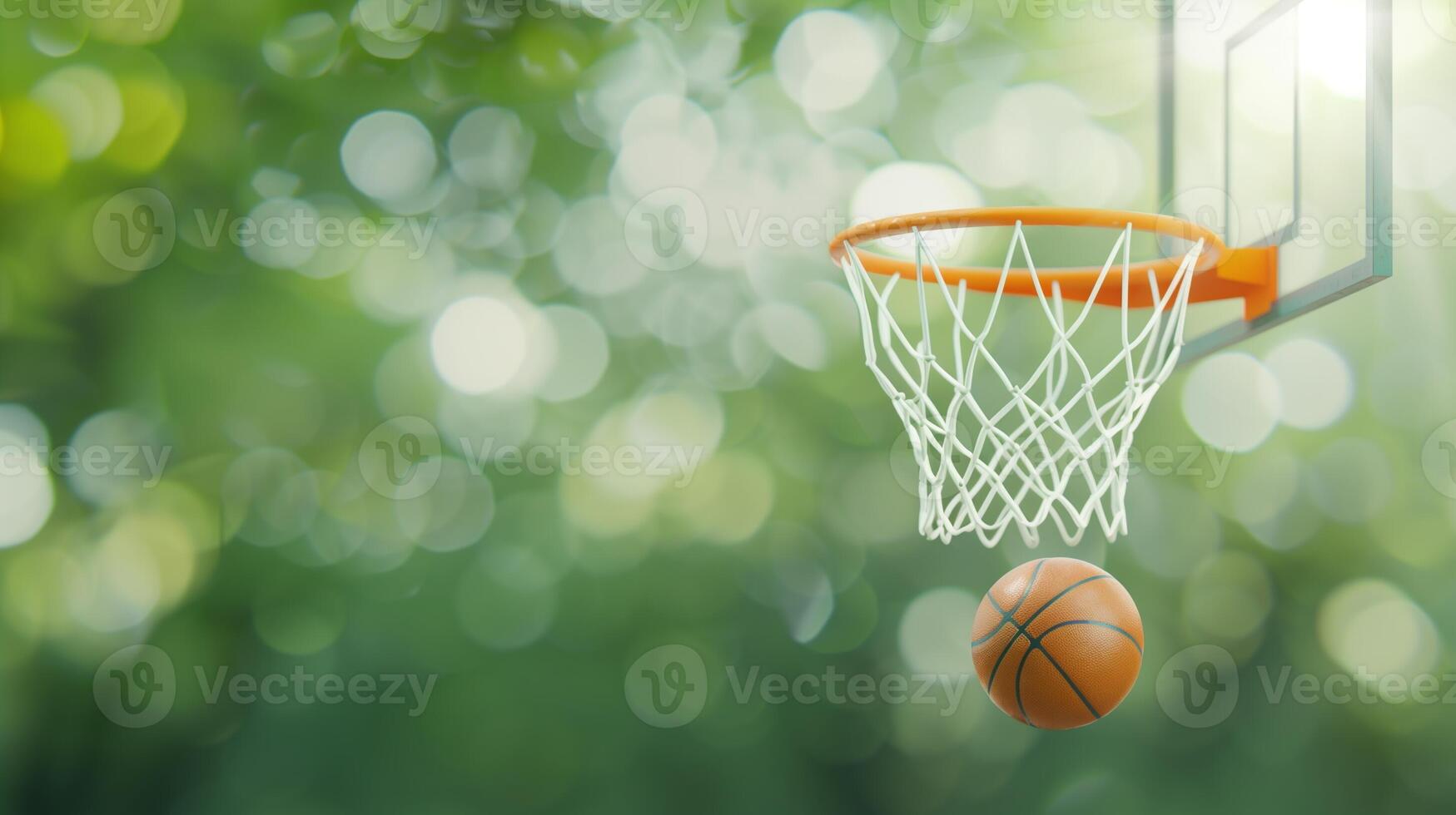 Basketball Hoop with Net in Focus and Blurred Green Nature Background, Capturing a Basketball Mid-Air Photorealistic Image photo