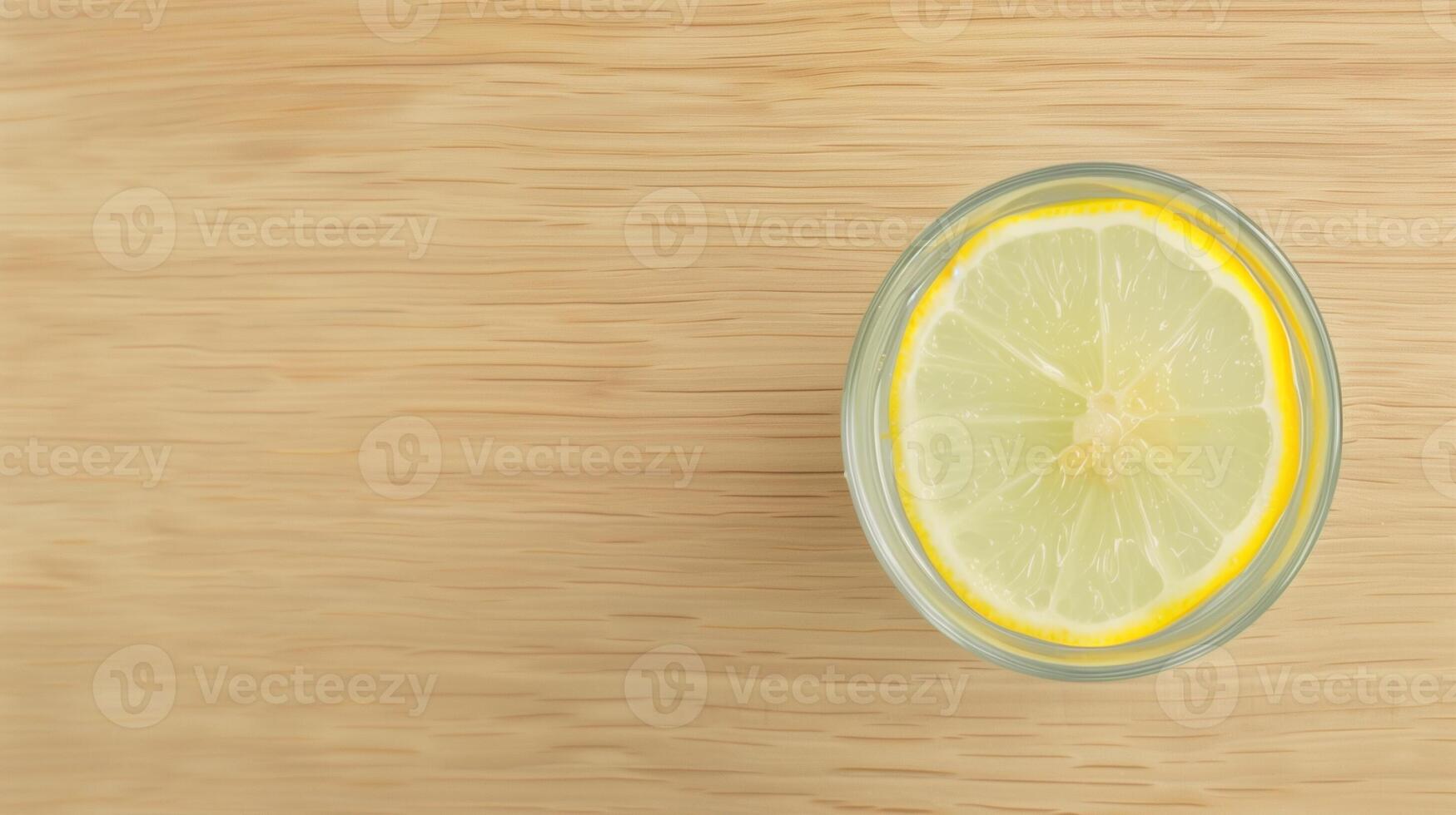 Fresh Lemonade in Glass with Lemon Slice on Wooden Surface, Overhead View, Refreshing Citrus Drink for Summer, Minimalist Design, Beverage Concept, Healthy Organic Drink, Natural Wooden Background photo
