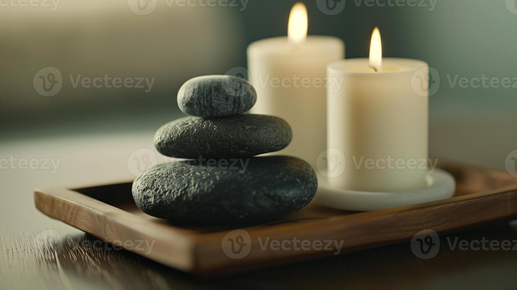Spa Scene with Candle and Stones on a Wooden Tray for Wellness Meditation and Relaxation photo