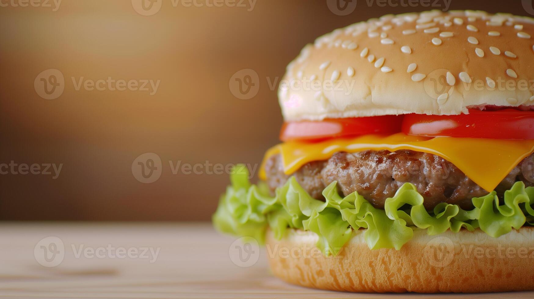 Delicious Juicy Cheeseburger with Lettuce and Tomato on Wooden Table - Perfect for Fast Food Promotions, Menus, and Summer BBQ Designs photo