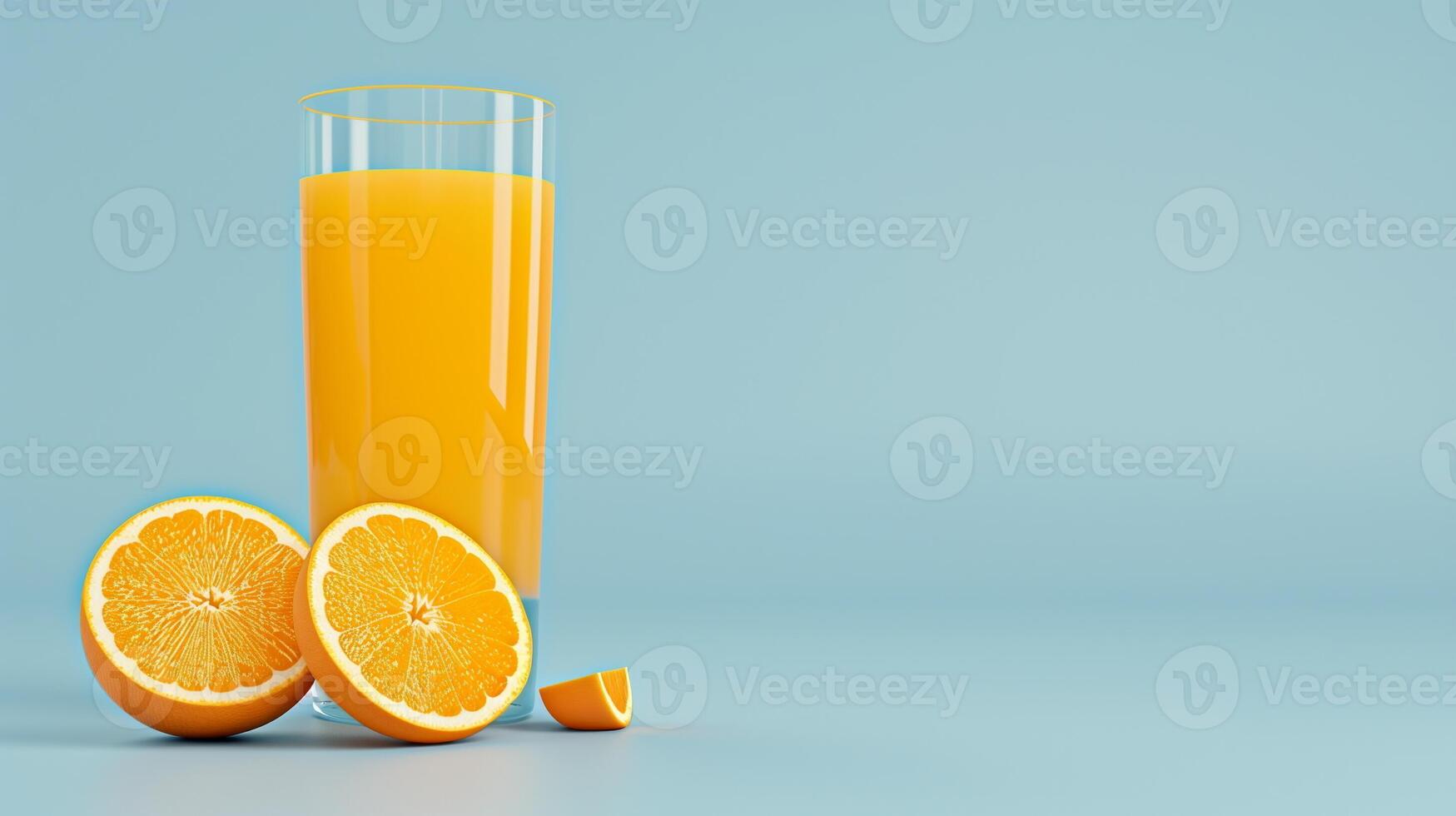 Photorealistic Image of Fresh Orange Juice in a Glass with Two Sliced Oranges on Blue Background for Refreshing Beverage Advertisements, Healthy Living Concepts, and Vibrant Food Photography Design photo