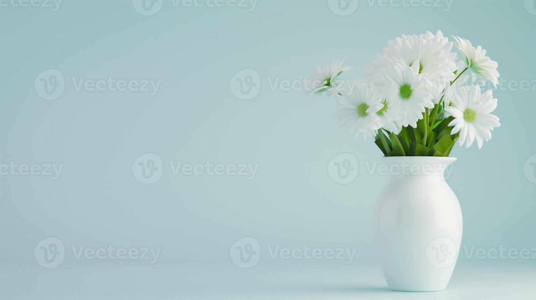 White Ceramic Vase with Fresh White Daisies on Soft Blue Background for Spring or Summer Decor, Featuring Simple and Elegant Arrangement Perfect for Home and Office Design, Adding Freshness and Beauty photo