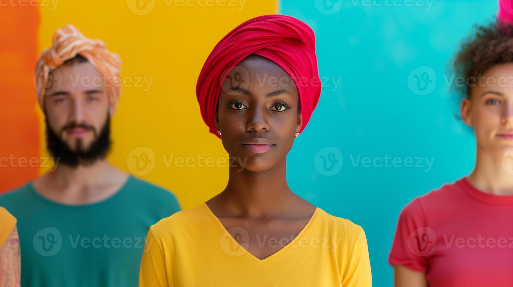 Vibrant Portrait Diversity, Colorful Background, Bold Fashion, Young People, Multicultural Group, Modern Style, Eye-Catching Colors, Studio Photography, Trendy Apparel, Diverse Models, Fashion Shoot photo