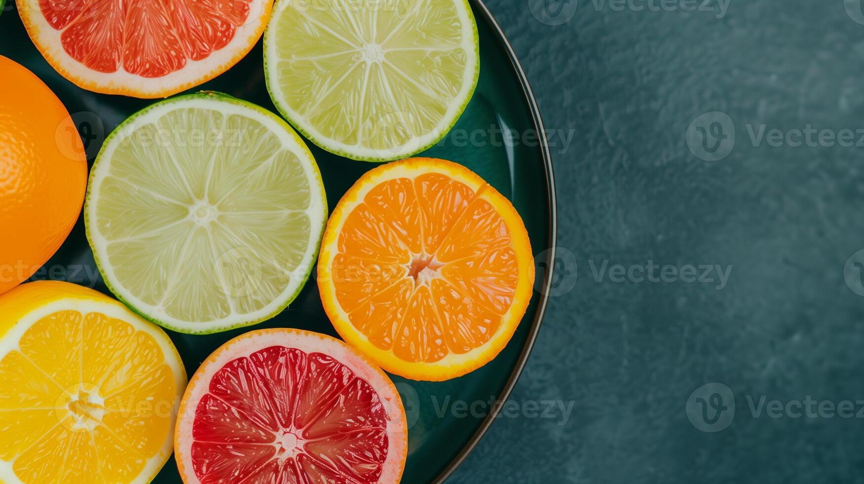 Overhead Shot of Vibrant Citrus Fruits Including Grapefruit, Lemon, Lime, and Orange Slices Arranged on a Dark Green Plate Against a Textured Background photo