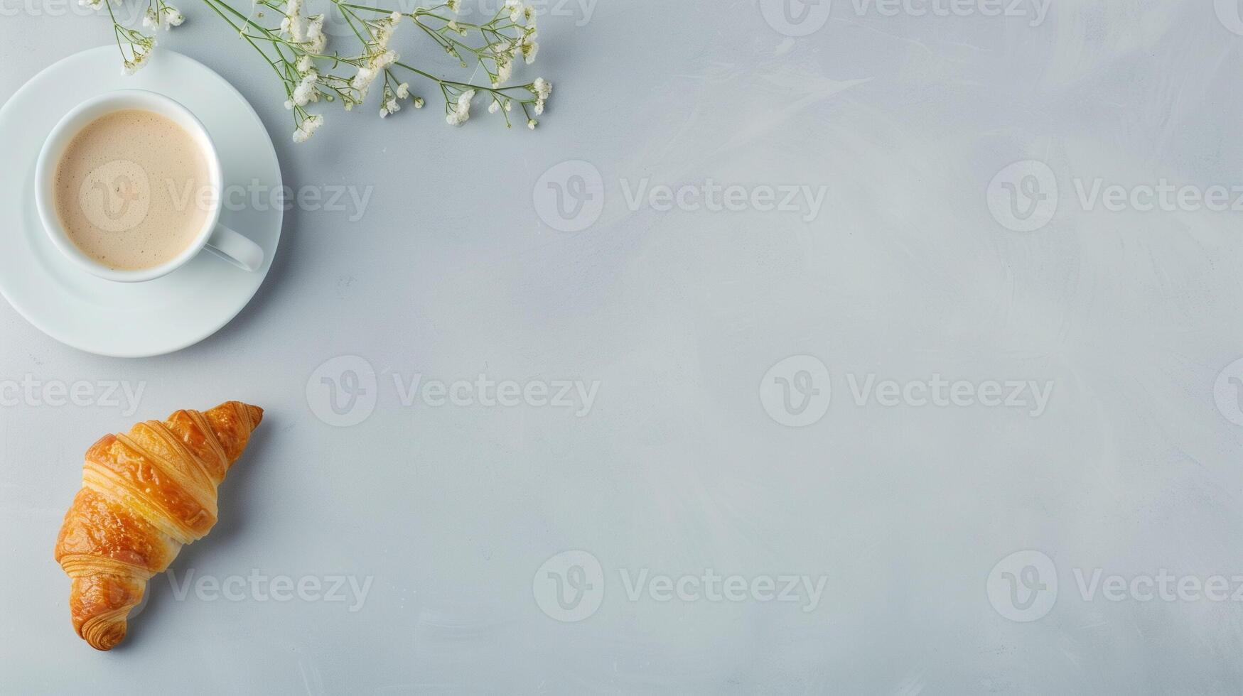 Overhead View of Breakfast Scene with Croissant and Cup of Coffee on Gray Background with White Flowers Ideal for Food Blogs Cafes Breakfast Menus and Cozy Mornings Concepts photo