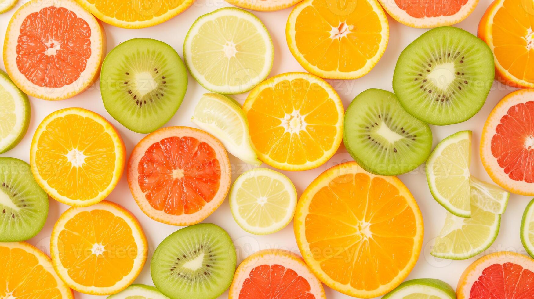 Vibrant Overhead Shot of Assorted Fresh Fruit Slices Including Oranges Kiwis Lemons and Grapefruits with Creative Pattern Design for Healthy Eating Backgrounds and Summer Refreshing Concepts photo