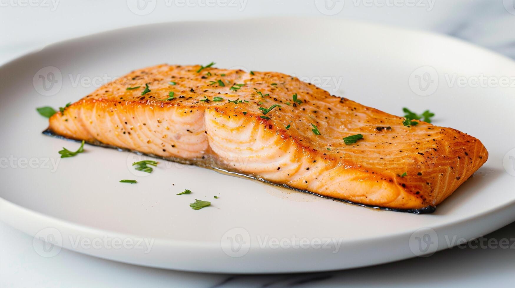 Mouth-Watering Piece Of Perfectly Cooked Salmon Garnished With Fresh Herbs On Simple White Plate, Ideal For Food Photography And Culinary Blogs, High Quality Image For Healthy Eating Concepts photo