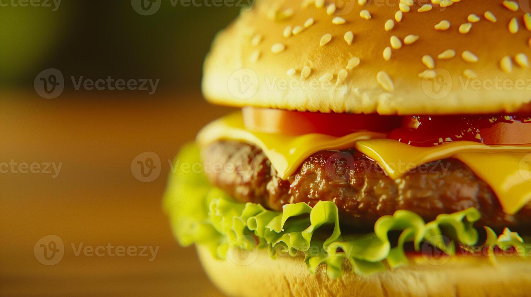 Delicious Cheeseburger with Fresh Lettuce, Tomato, and Melted Cheese on a Sesame Seed Bun - High-Resolution Close-Up of Juicy Beef Patty with Crisp Green Lettuce, Ripe Tomato and Yellow Cheddar Cheese photo