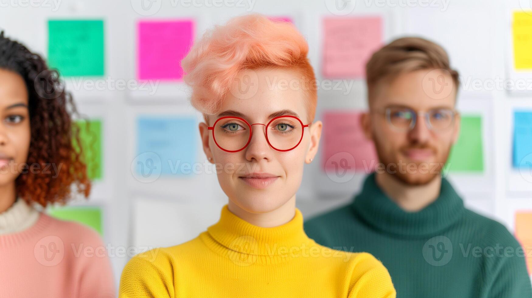 Young Creative Professionals in a Modern Office, Working on a Diverse Project with Colorful Sticky Notes, Highlighting Teamwork, Inclusion, and Collaboration Suitable for Business and Startup Concepts photo