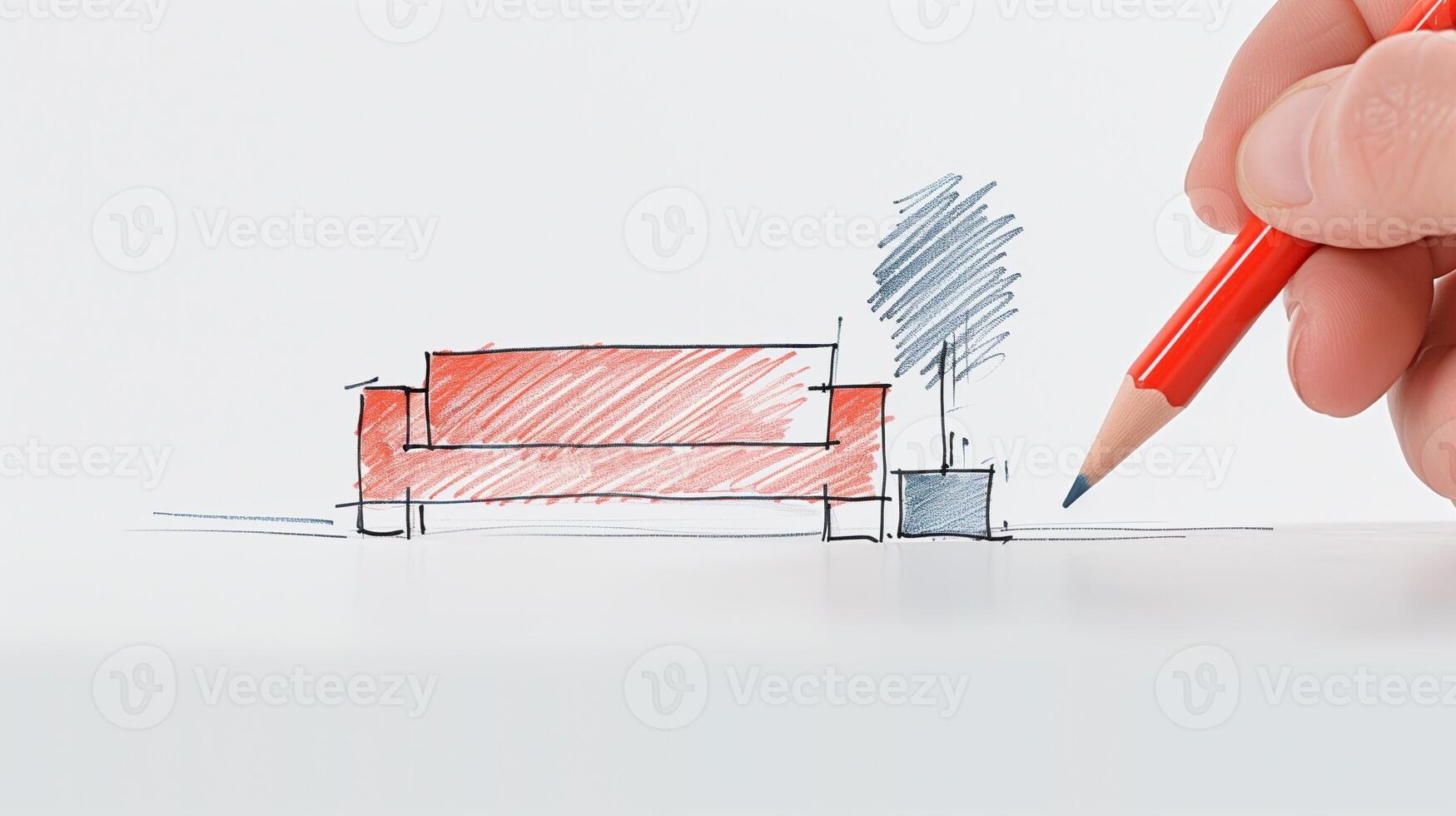Designer Sketching Modern Room Layout with Pencil on White Background, Conceptual Illustration of Contemporary Interior Design with Red Couch and Blue Decorative Elements, Creative Artistic Process photo