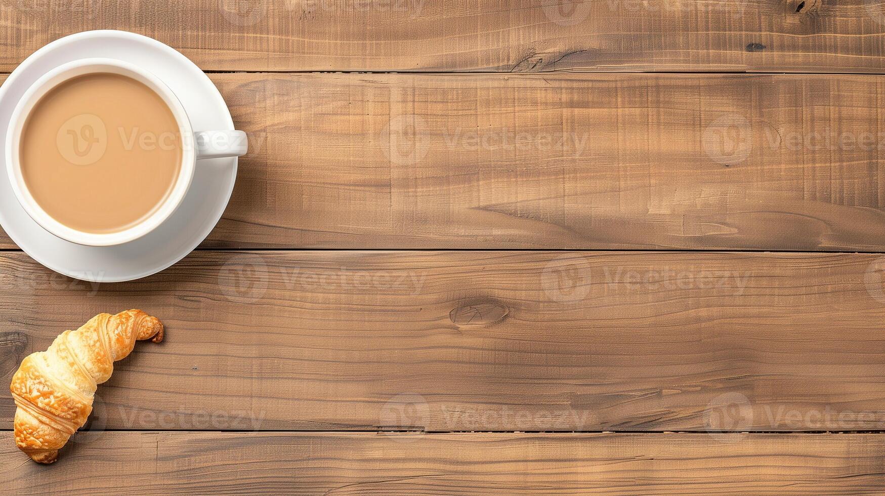 Overhead Shot of Coffee Cup and Croissant on Wooden Table Reflecting Rustic Morning Vibes with Vintage Charm Perfect for Breakfast Hamper Advertising or Cozy Lifestyle Presentations and Holiday Themes photo