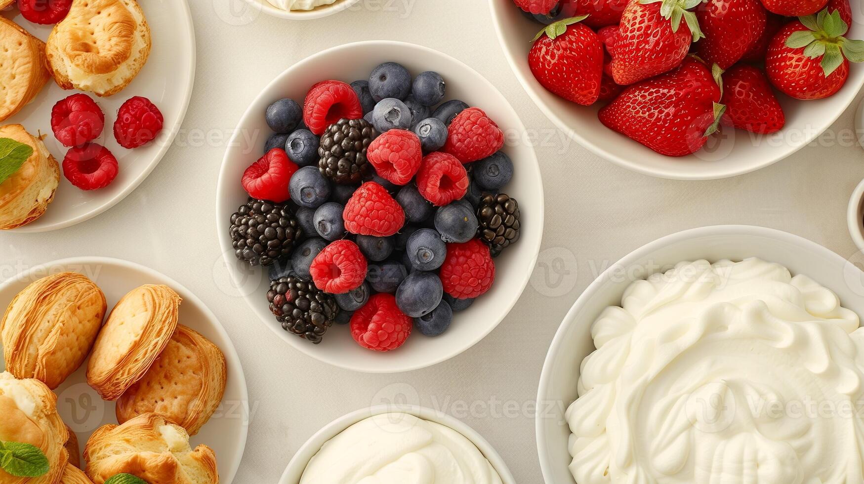Overhead View of Fresh Fruit and Pastries with Strawberries, Raspberries, Blueberries, Blackberries, and Whipped Cream on a White Background - Breakfast or Brunch, Summer, Sweet Treats Concepts photo