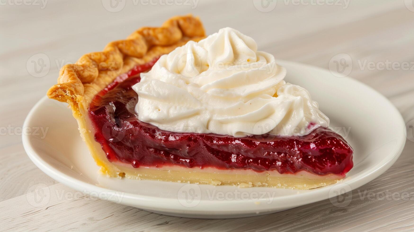Slice Of Cherry Pie With Whipped Cream Topping On A White Plate, Rustic Wooden Table, Dessert Close-Up, Summer Sweet Treat, Bakery Goods, Homemade Pastry, Food Photography, Top Down View photo