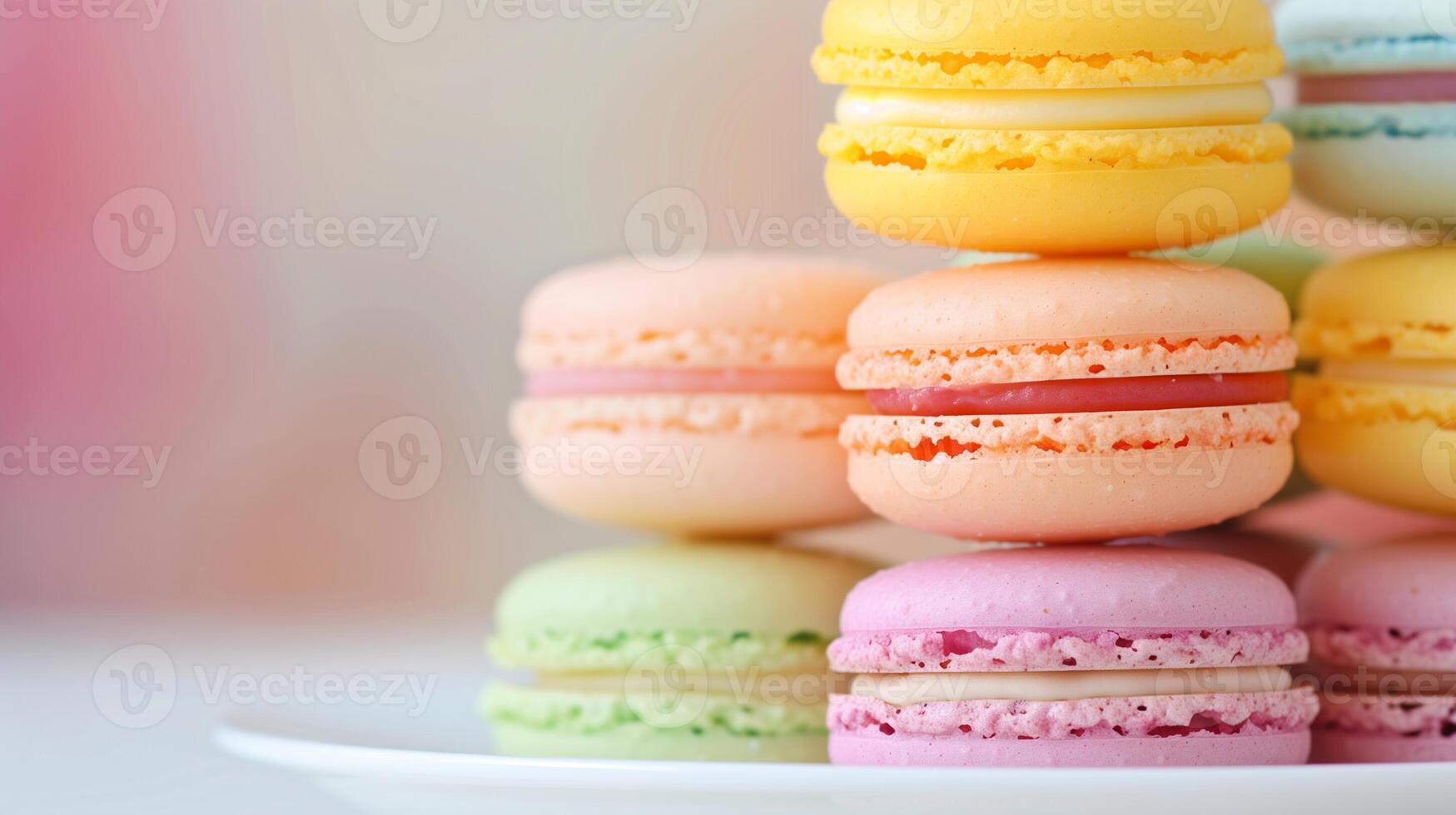 Colorful Macarons Stack on a Clean White Plate with Soft Focus Background Displaying Pastel Shades in a Close-Up View photo