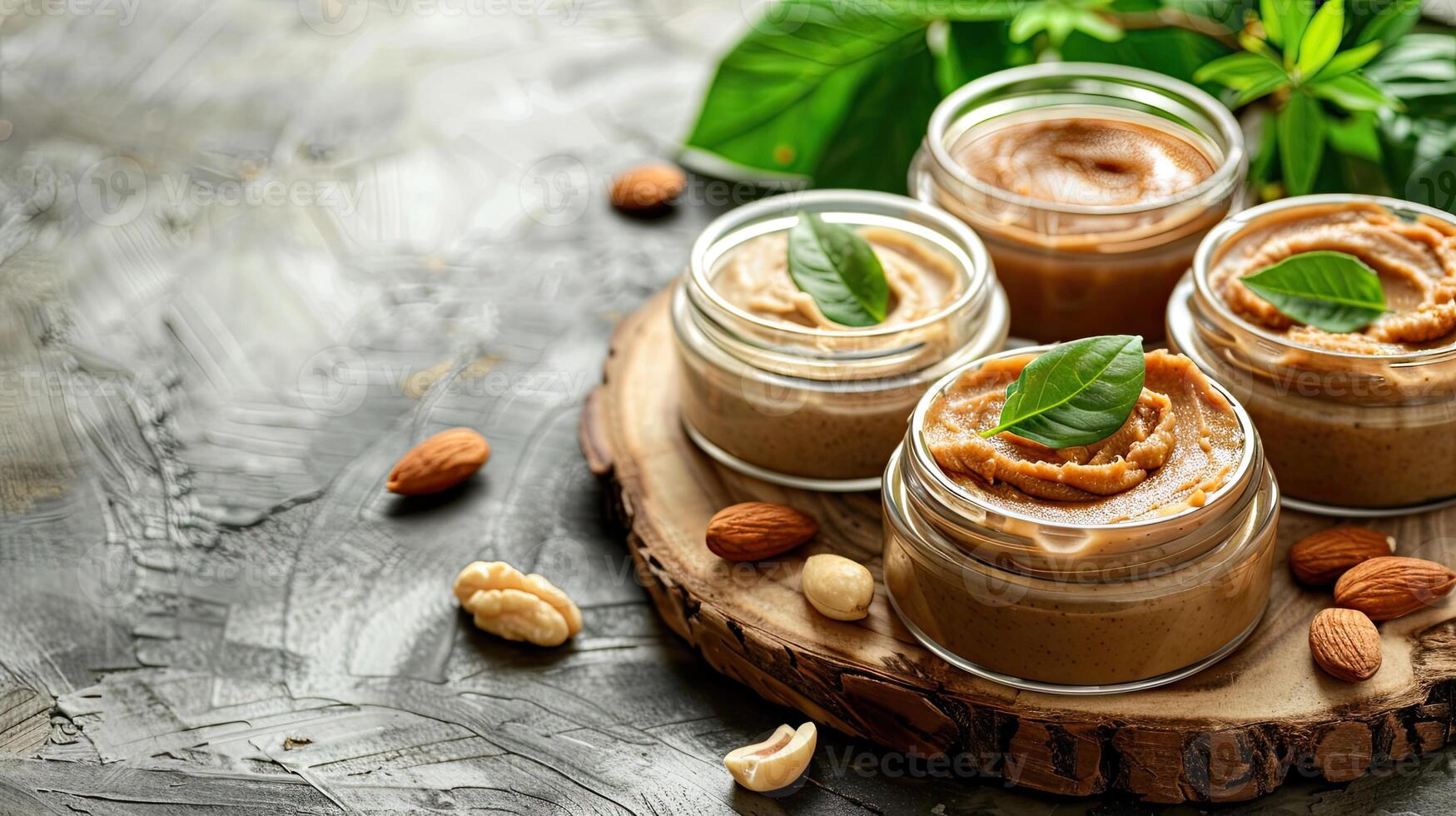 displayed jars of homemade almond and cashew butter on a wooden board with a spreader, set against a cozy kitchen backdrop. photo