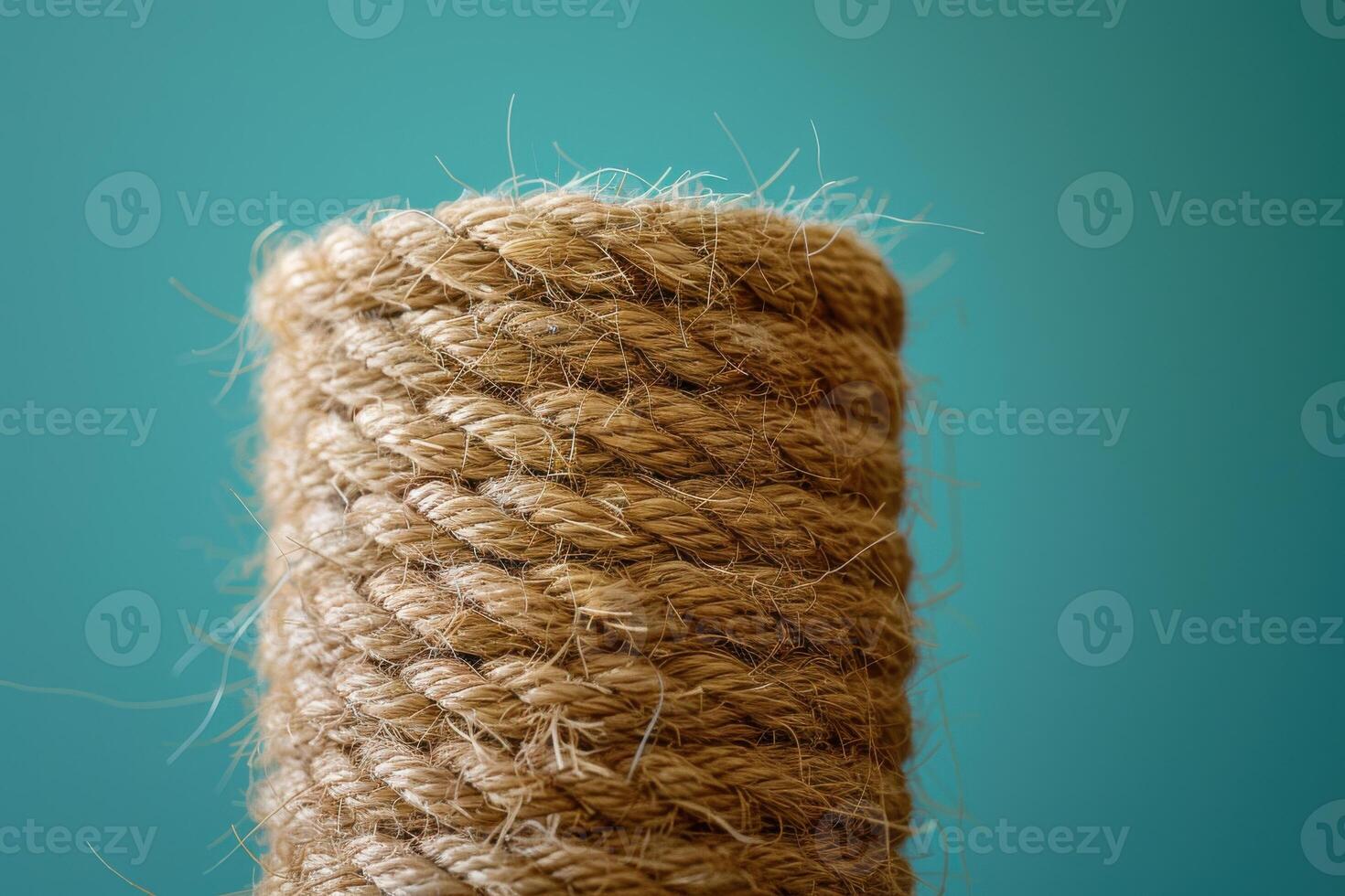 A close-up view of a coiled natural fiber rope against a teal background photo