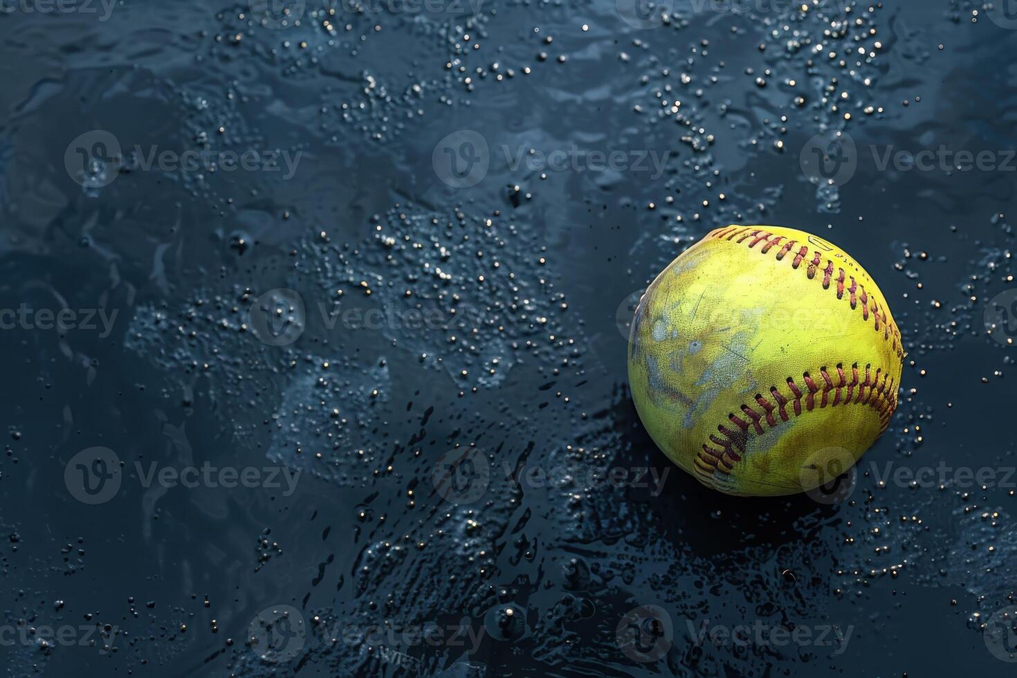 Yellow softball resting on a wet surface with water droplets photo