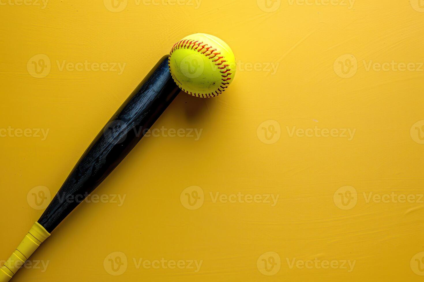 Yellow softball and bat on a bright yellow background photo
