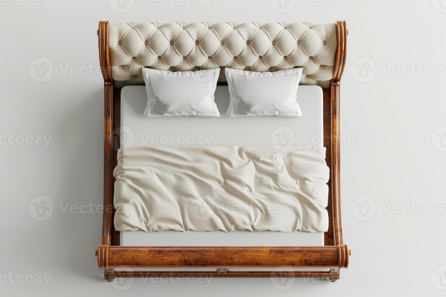 Stylish bed with tufted upholstery and soft bedding in modern interior design photo