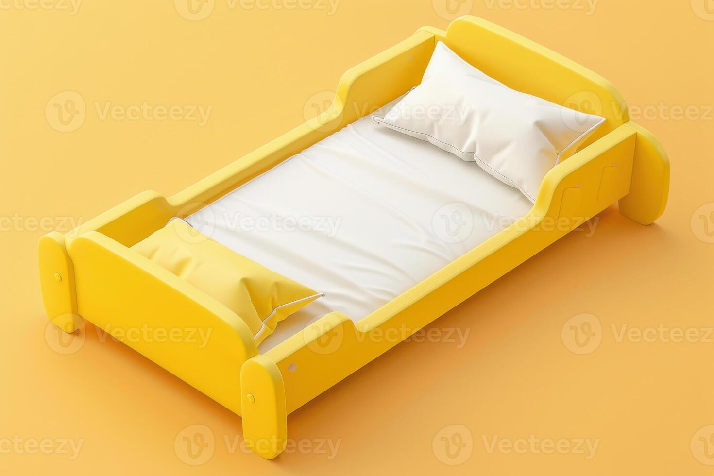 Bright yellow children's bed with white bedding and pillows on a vibrant orange background photo