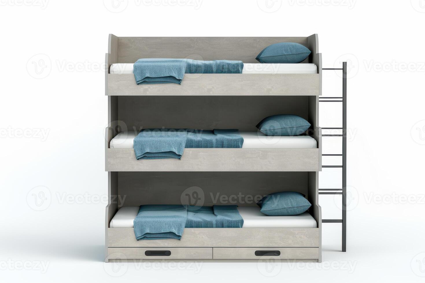 Three-tier bunk bed with storage drawers and blue bedding in a modern design photo