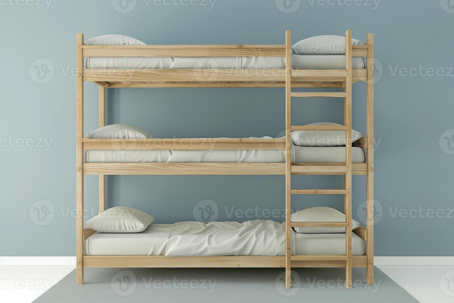Three-tier wooden bunk bed with neutral bedding against a light blue wall photo