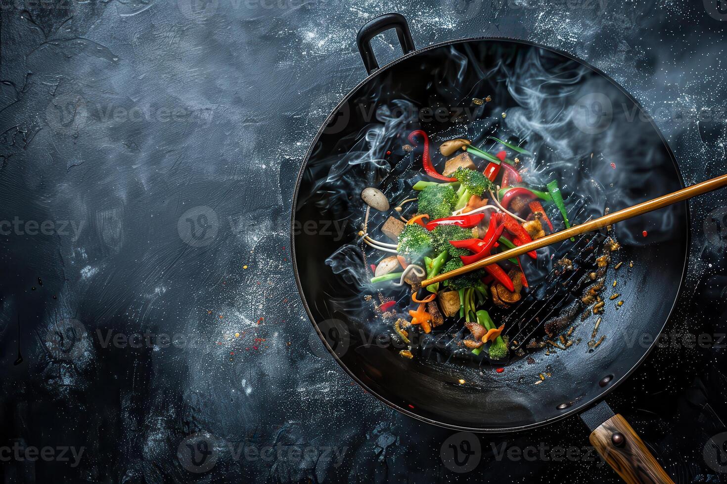 Stir-frying colorful vegetables in a black wok on a dark surface photo