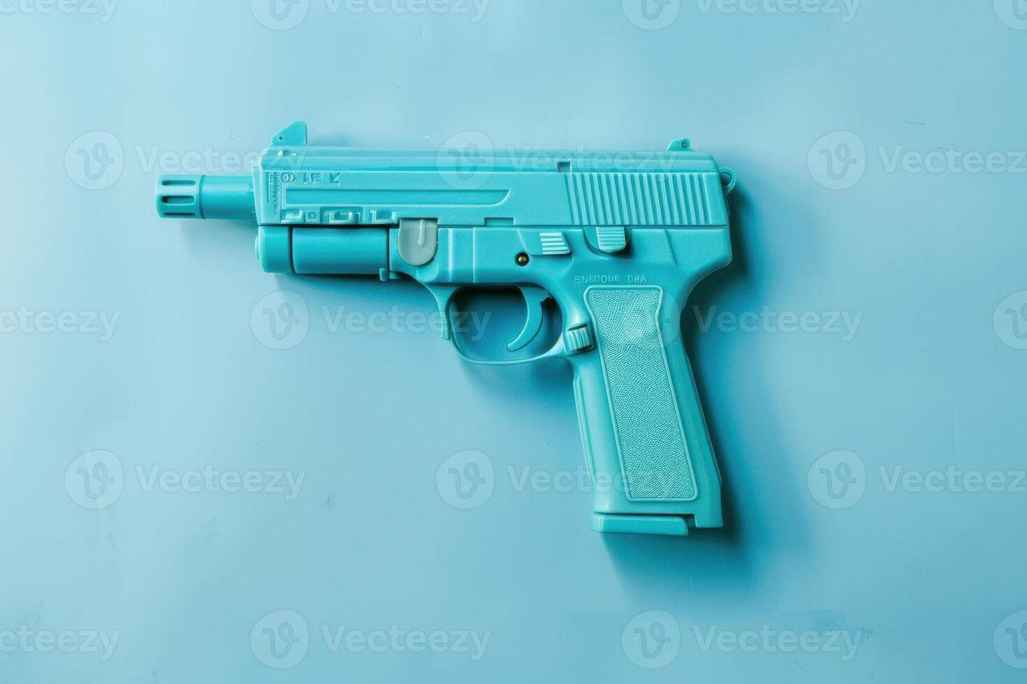 Turquoise toy gun resting on a blue background, showcasing its vibrant color and design photo