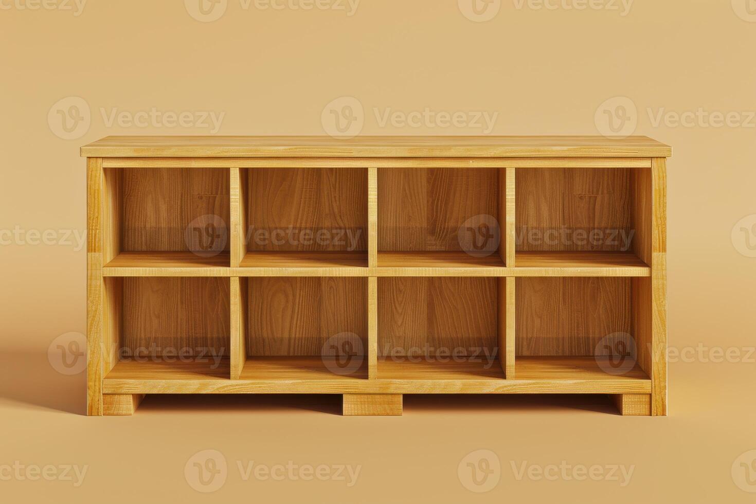 Wooden storage unit with multiple cubbies on a plain background photo