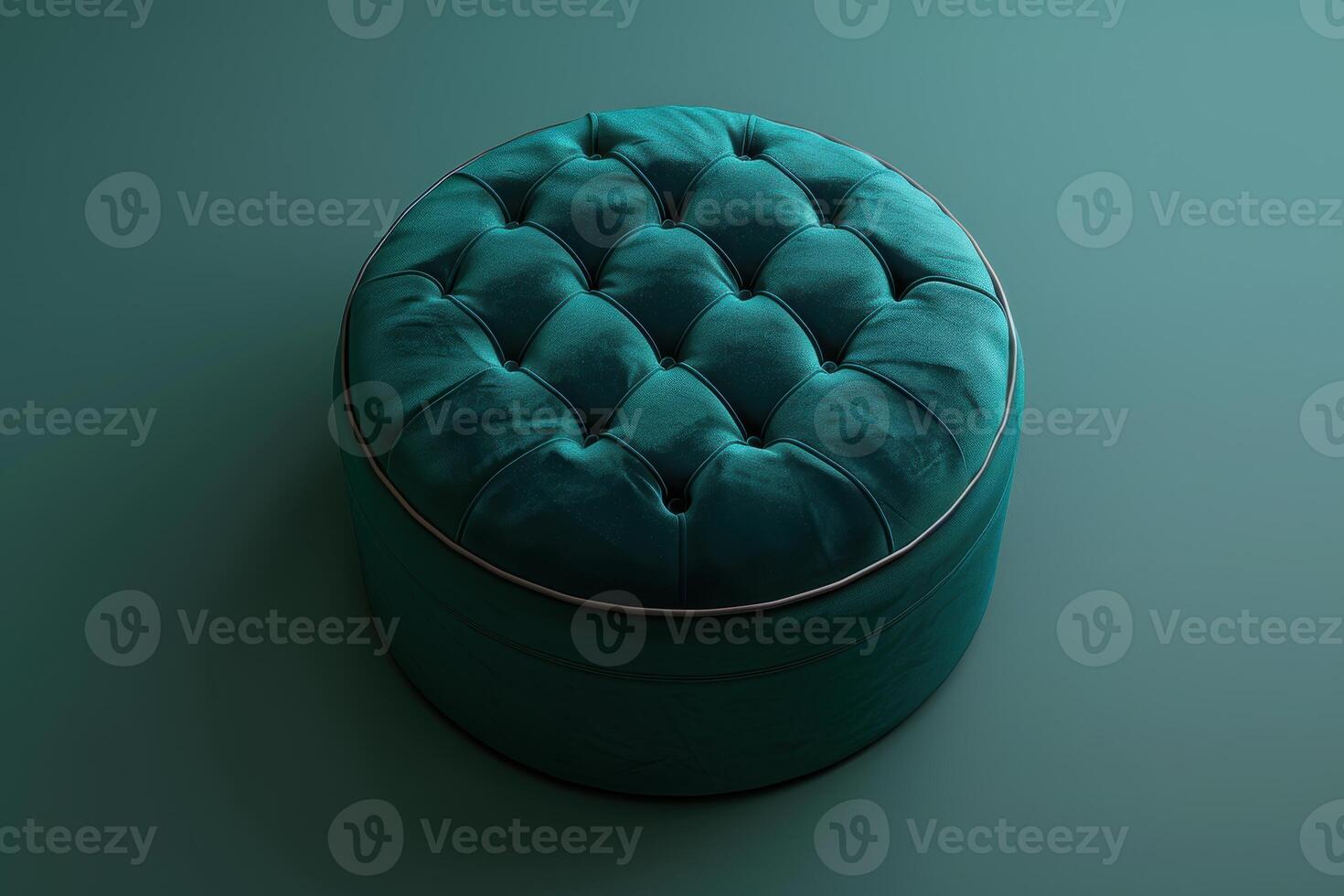 Soft teal tufted ottoman on a subtle gradient background with calm lighting photo