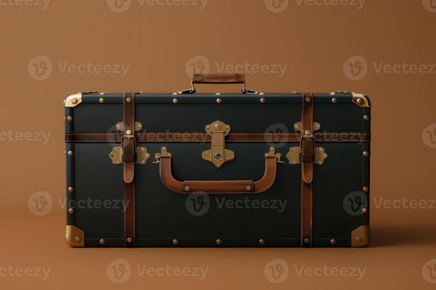 Vintage green suitcase with leather accents on a neutral background photo