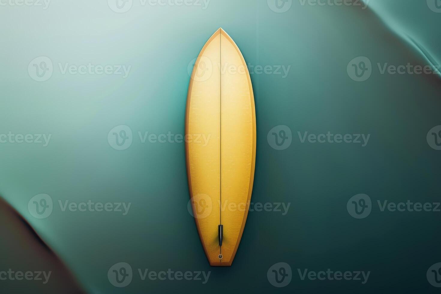 Aerial view of a yellow surfboard resting on tranquil ocean waters at sunrise photo