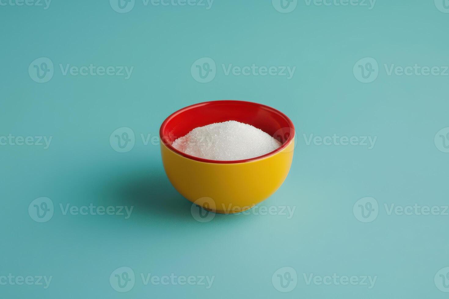 Bowl of white sugar on a turquoise background with a red rim photo
