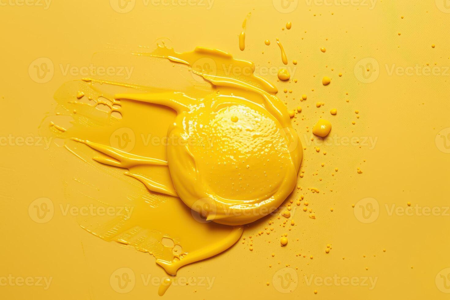 Bright yellow paint splatter on a smooth surface with textured details photo