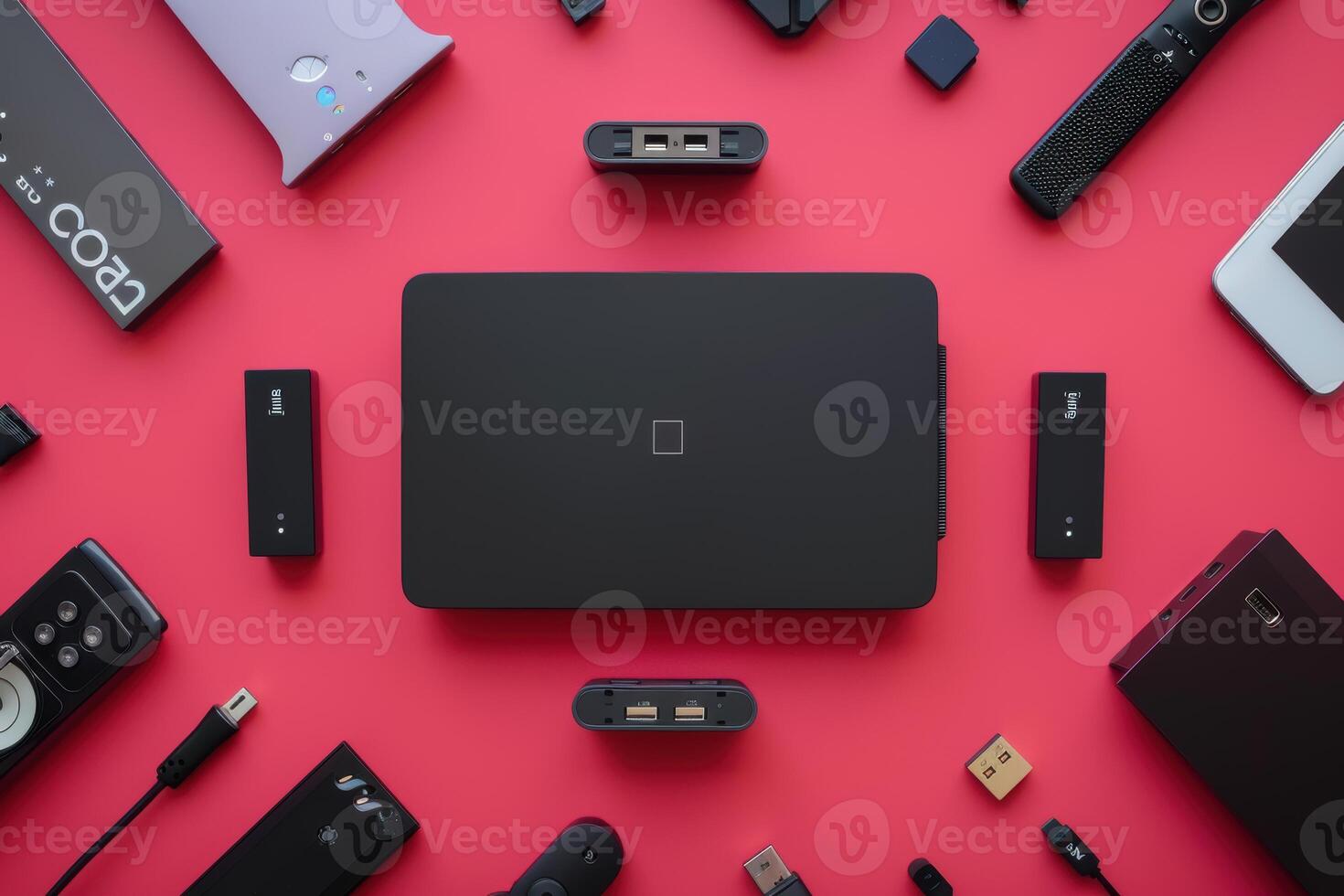 Various tech gadgets and accessories arranged on a vibrant red background photo
