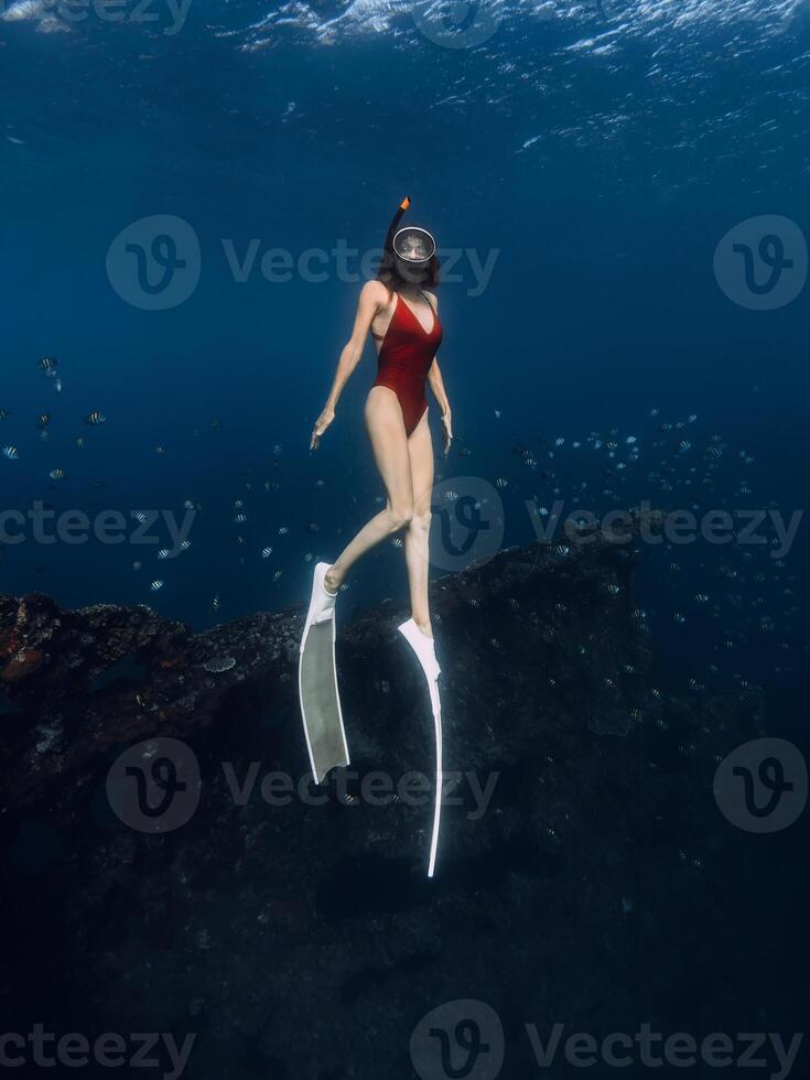 Woman free diver dives in blue ocean on wreck ship in Bali. photo