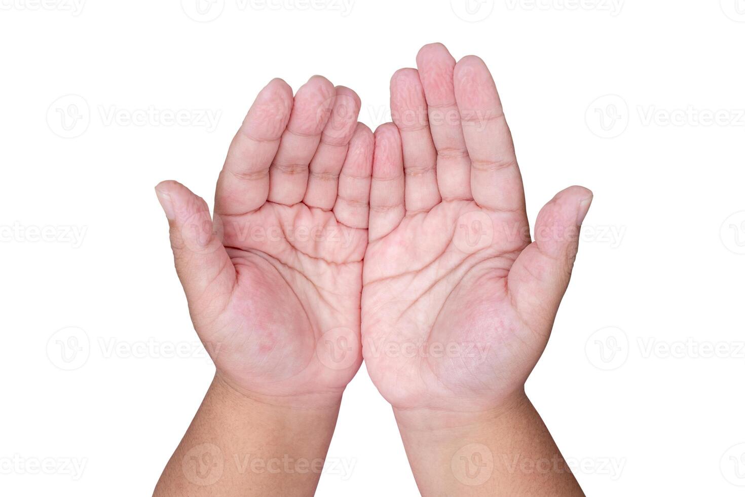 Girl's hands wrinkle pruney fingers after playing in the pool for a long time isolated on white background with clipping path, young female palm wrinkles on fingers photo