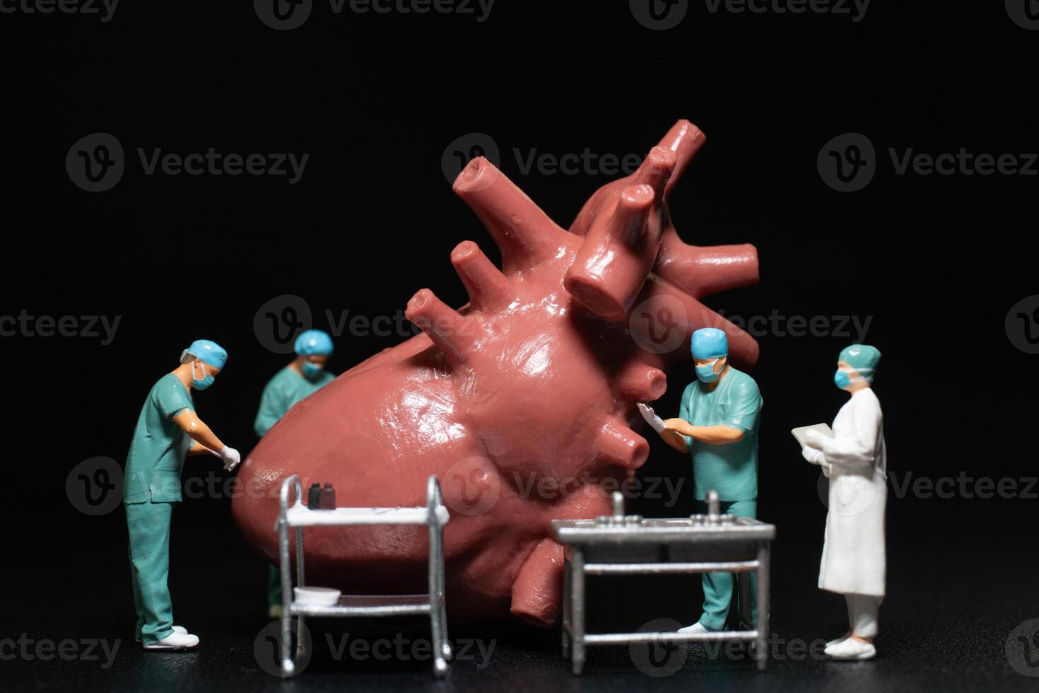 Miniature medical professionals performing a procedure on a large, anatomically accurate heart model. photo