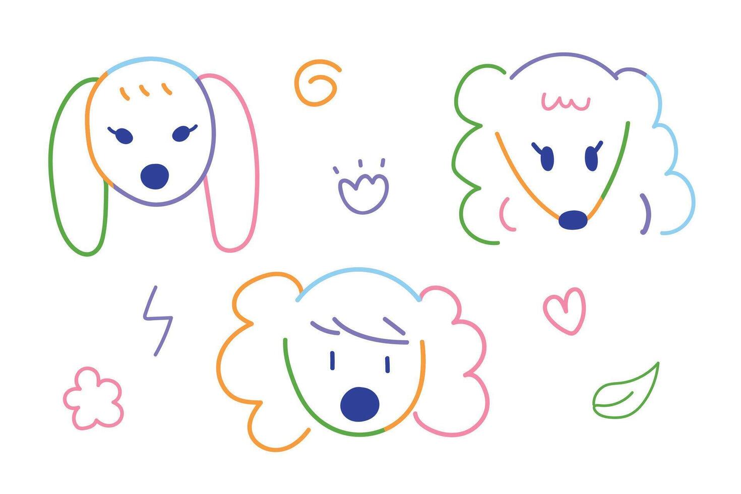 Cute dogs face hand drawn doodle with colorful line for element illustration pet clinic and kid vector