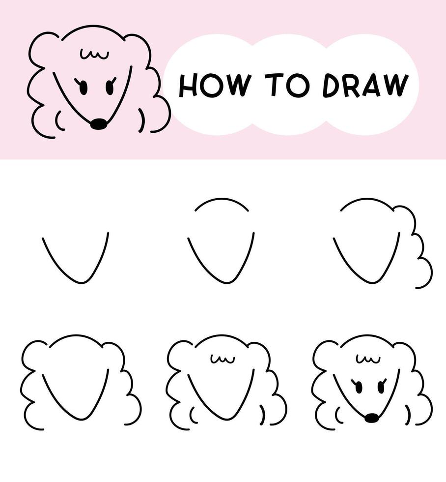 How to draw dog face cartoon step by step for learning, kid, education, coloring book. vector