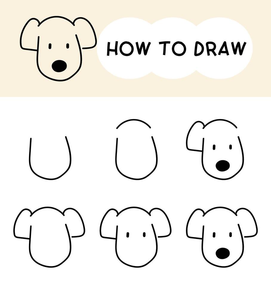 How to draw dog face cartoon step by step for learning, kid, education, coloring book. vector