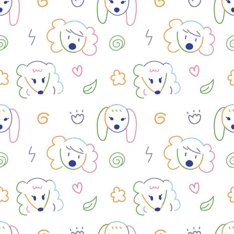 Cute dogs face hand drawn doodle with colorful line seamless pattern background for wrapping and wallpaper vector
