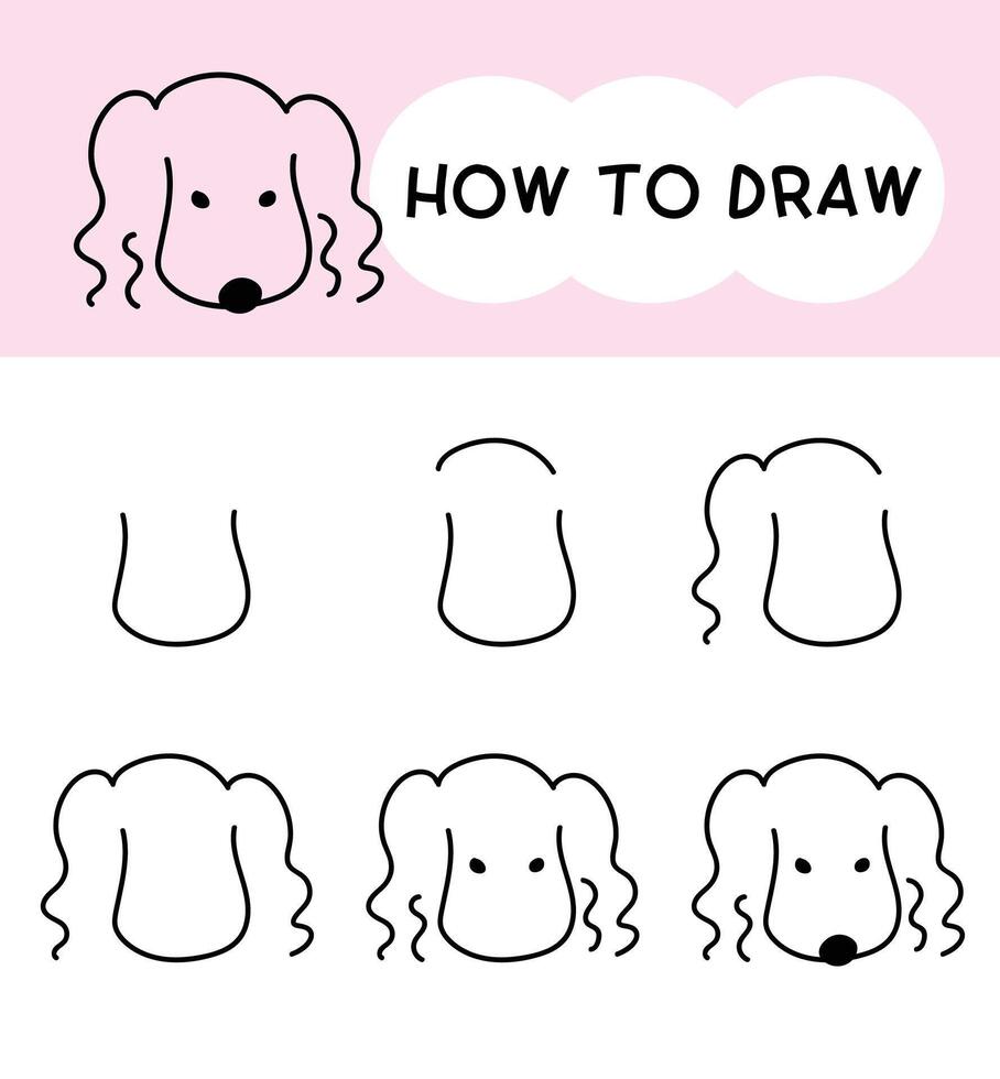 How to draw dog face cartoon step by step for learning, kid, education, coloring book. vector