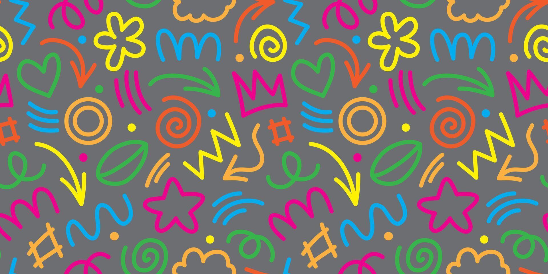 fun colorful line doodle seamless pattern. Creative abstract art background collection for children or festive celebration design. Simple childish scribble wallpaper print texture bundle. vector
