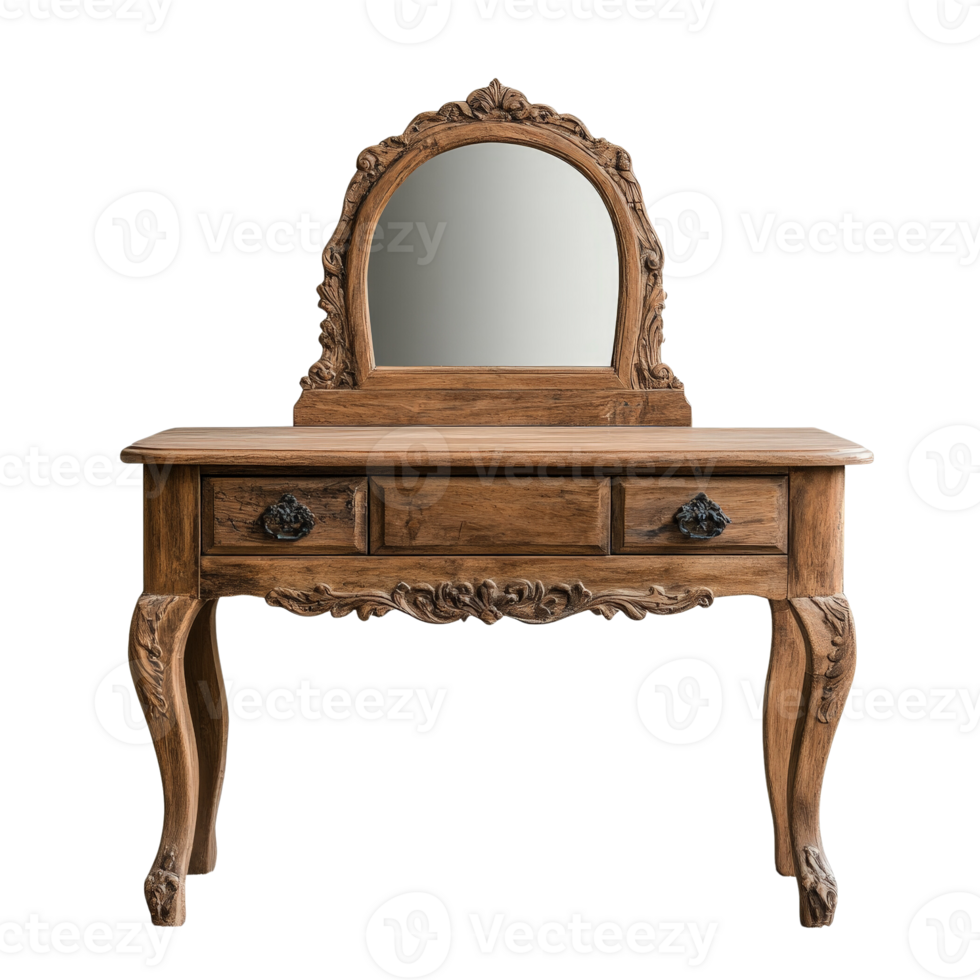 Charming vintage wooden vanity table with ornate details and a mirror, perfect for any elegant dressing space. png