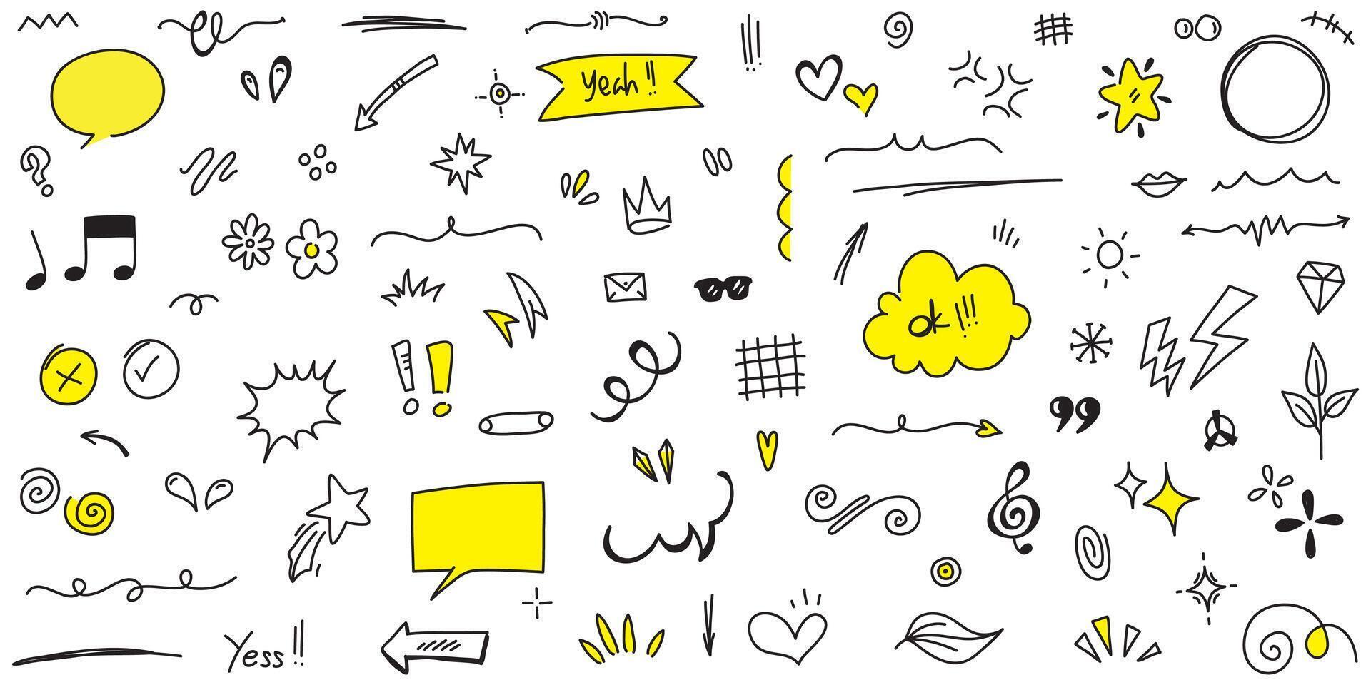 Doodle set of hand-drawn cartoony expression sign doodle, curve directional arrows, emoticon effects design elements, cartoon character emotion symbols, cute decorative brush stroke lines. vector