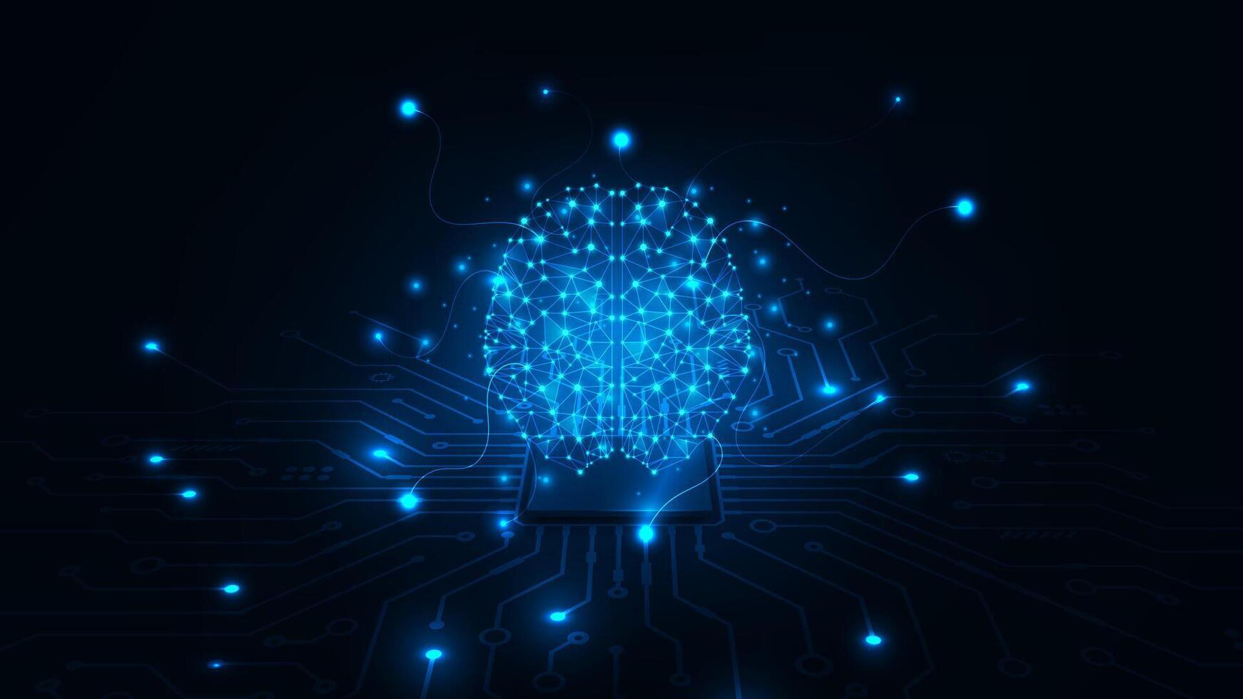 Artificial Intelligence hardware concept. Glowing blue brain circuit on microchip on computer motherboard. Technology abstract background. vector